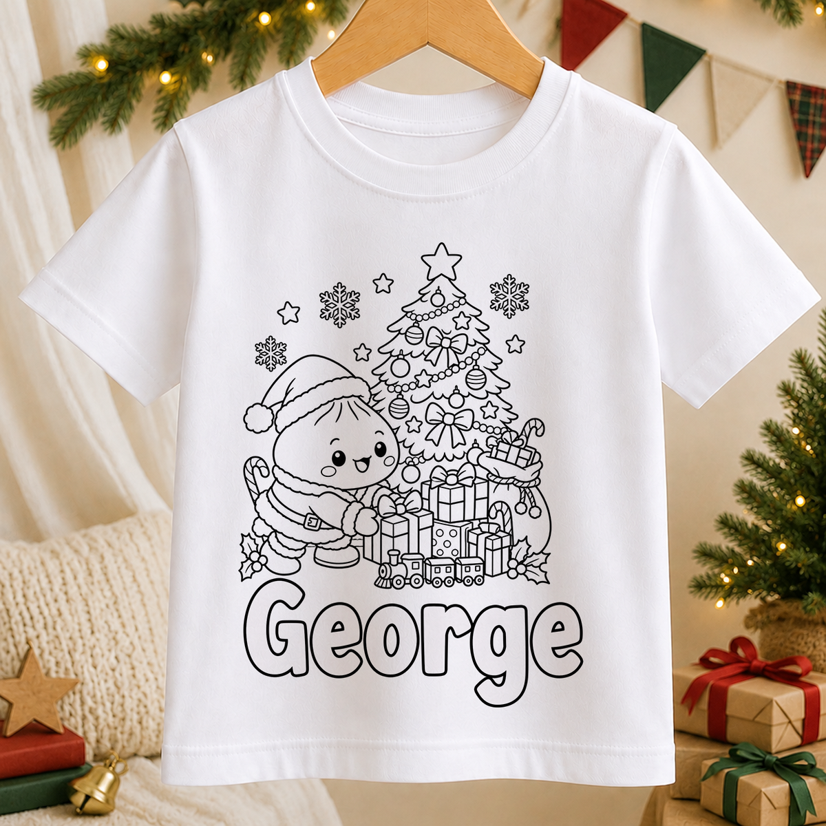 Personalised Christmas colour-in kids t-shirt with a black and white Kawaii Dumpling Santa line art design and a name in bubble letters to colour in