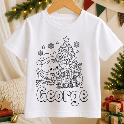 Personalised Christmas colour-in kids t-shirt with a black and white Kawaii Dumpling Santa line art design and a name in bubble letters to colour in