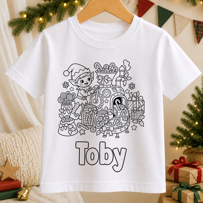 Personalised Christmas colour-in kids t-shirt with a black and white Elf Sweet Factory line art design and a name in bubble letters to colour in