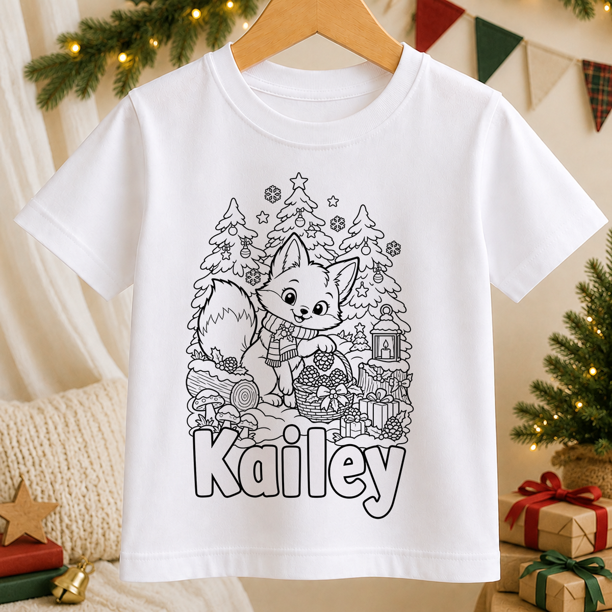 Personalised Christmas colour-in kids t-shirt with a black and white Fox Winter Woodland line art design and a name in bubble letters to colour in