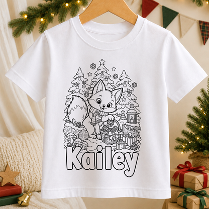 Personalised Christmas colour-in kids t-shirt with a black and white Fox Winter Woodland line art design and a name in bubble letters to colour in