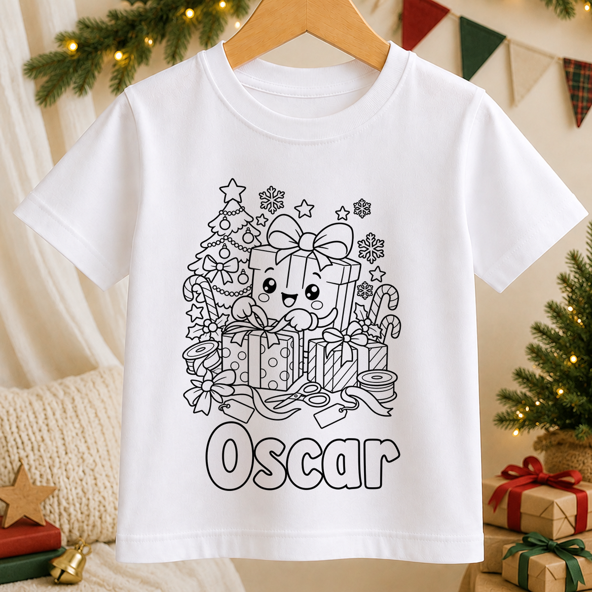 Personalised Christmas colour-in kids t-shirt with a black and white Kawaii Christmas Present line art design and a name in bubble letters to colour in