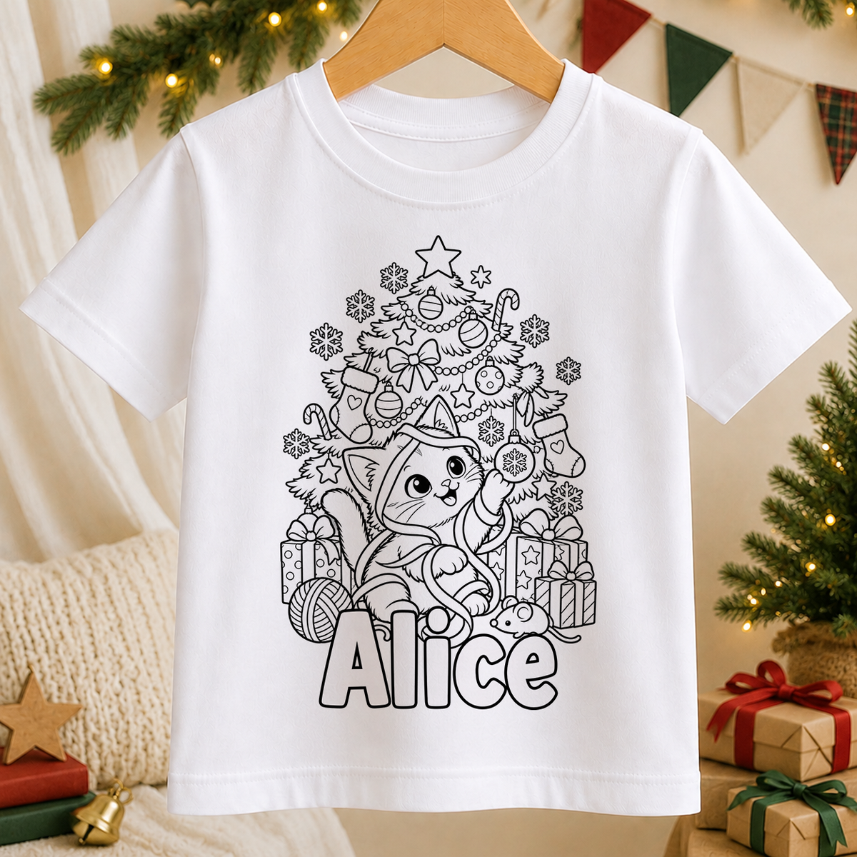 Personalised Christmas colour-in kids t-shirt with a black and white Kitten Christmas Tree line art design and a name in bubble letters to colour in