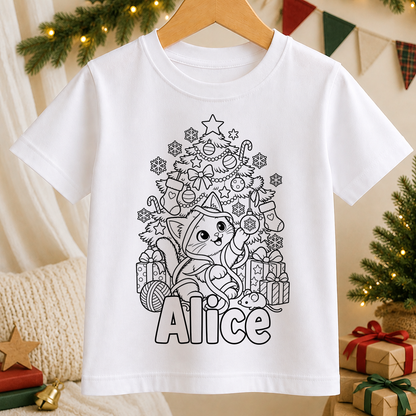Personalised Christmas colour-in kids t-shirt with a black and white Kitten Christmas Tree line art design and a name in bubble letters to colour in