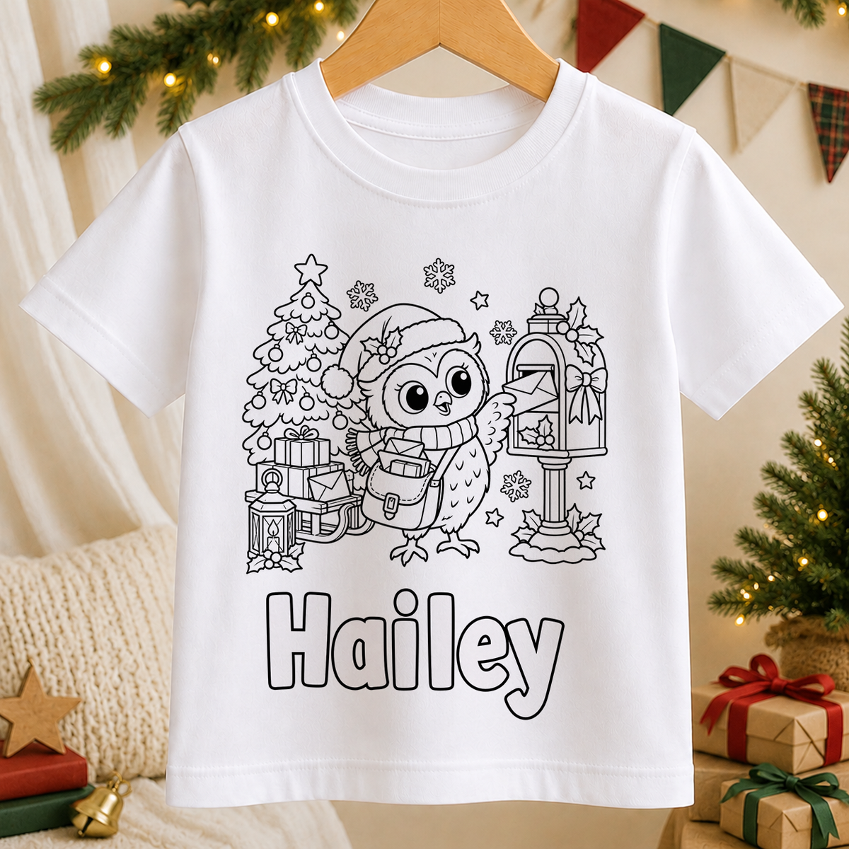 Personalised Christmas colour-in kids t-shirt with a black and white Owl Christmas Post line art design and a name in bubble letters to colour in