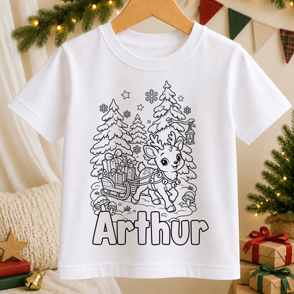 Personalised Christmas colour-in kids t-shirt with a black and white Reindeer Sleigh Forest line art design and a name in bubble letters to colour in
