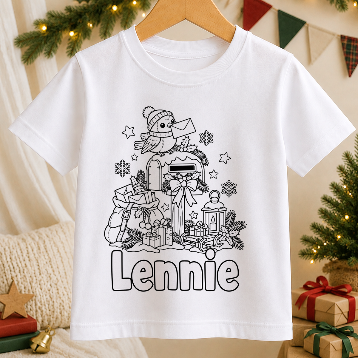 Personalised Christmas colour-in kids t-shirt with a black and white Robin Christmas Postbox line art design and a name in bubble letters to colour in