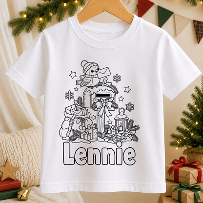 Personalised Christmas colour-in kids t-shirt with a black and white Robin Christmas Postbox line art design and a name in bubble letters to colour in