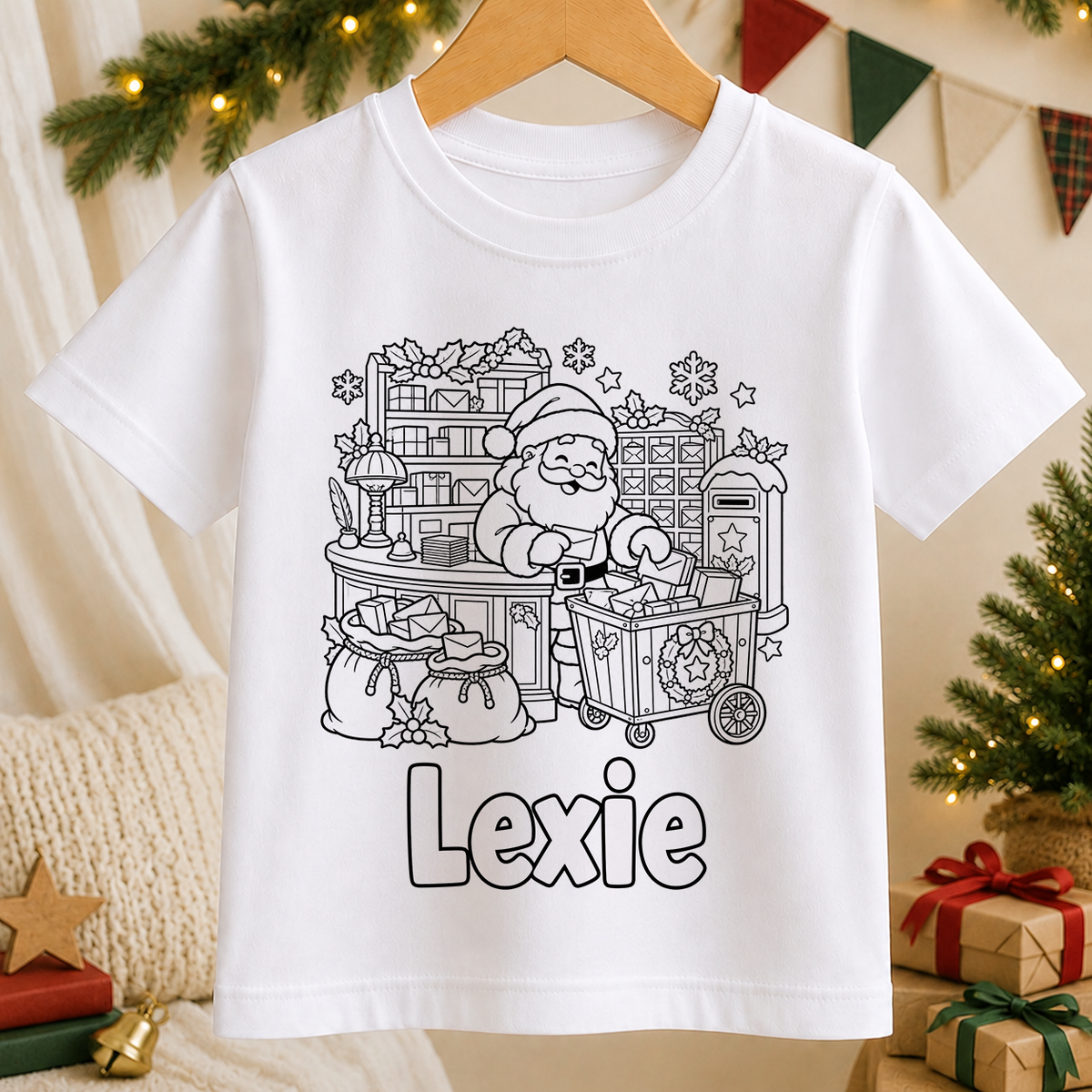 Personalised Christmas colour-in kids t-shirt with a black and white Santa's Post Office line art design and a name in bubble letters to colour in