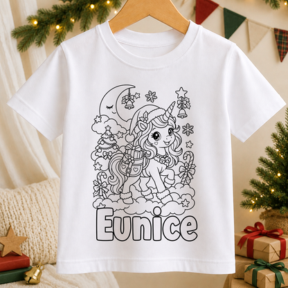 Personalised Christmas colour-in kids t-shirt with a black and white Christmas Unicorn line art design and a name in bubble letters to colour in