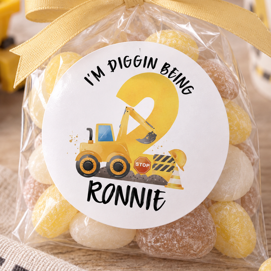 Construction Site Birthday Stickers – Personalised 5cm Glossy Party Labels