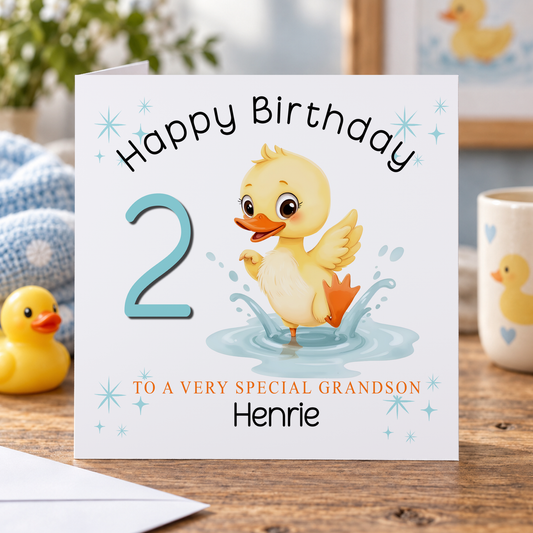 Cute Duck Birthday Card – Personalised Name, Relation & Age for Little Boys