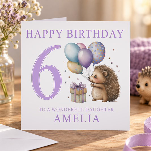 Cute Hedgehog Birthday Card - Personalised with Any Age 1 to 10 for Girls