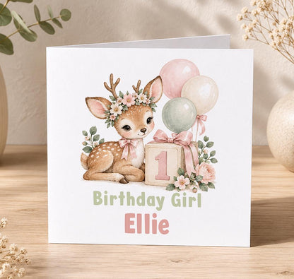 Personalised floral deer 1st birthday card – baby deer in a flower crown with pink balloons and a number 1, Birthday Girl Ellie