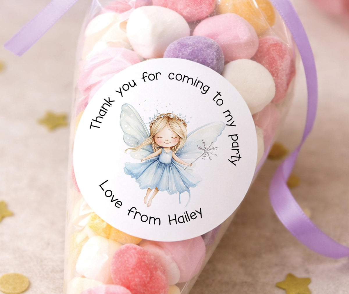 Personalised glossy sticker featuring a blue fairy design with a child's name