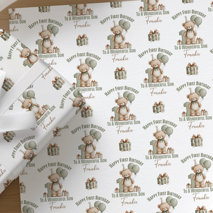Personalised teddy bear wrapping paper printed with a custom name, shown as a full sheet