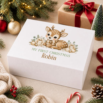 Personalised Christmas Eve Box – Resting Baby Reindeer, Neutral First Christmas
