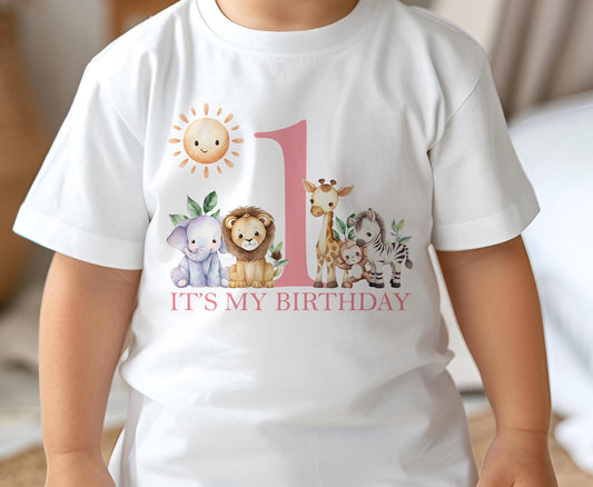 Baby girl wearing a pink first birthday t-shirt printed with a safari animal design and 'One Today' text, size 6-12 months