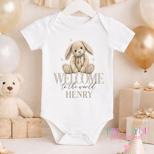 Personalised beige bunny baby vest with the baby's name printed on soft cotton.