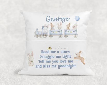 Personalised bunny book cushion, front view with bunny artwork