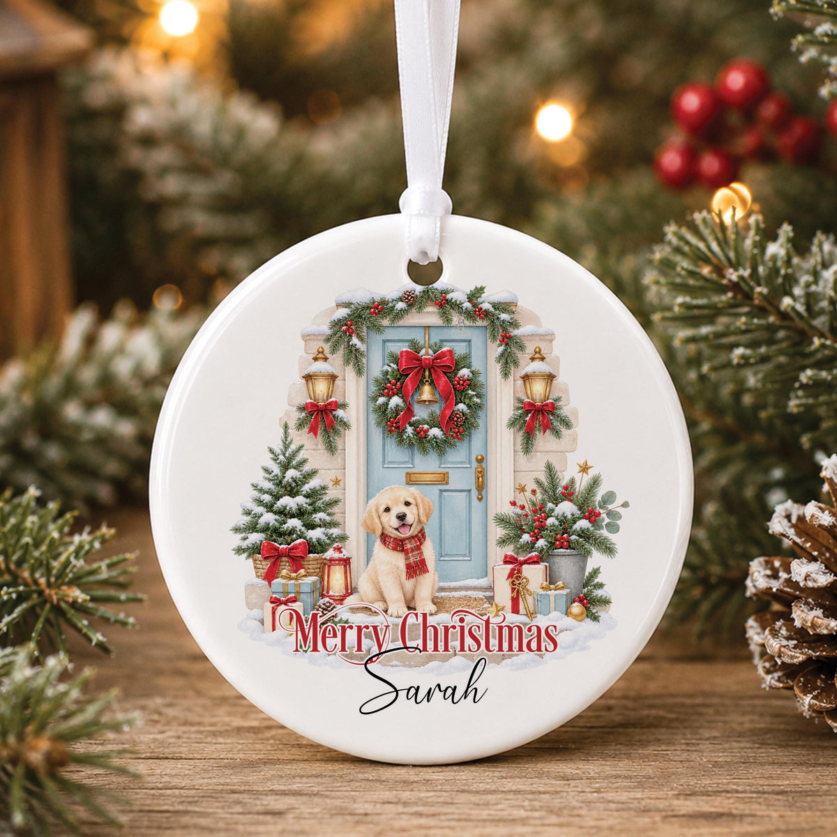 Personalised white ceramic Christmas bauble with a golden puppy at a festive blue front door, “Merry Christmas” and a name