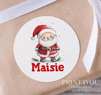 Personalised classic white Christmas sticker with custom name, glossy round gift label strip