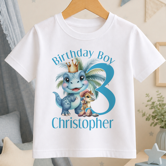 Personalised T-Rex dinosaur birthday t-shirt in white cotton with a crowned dinosaur design, age and custom name