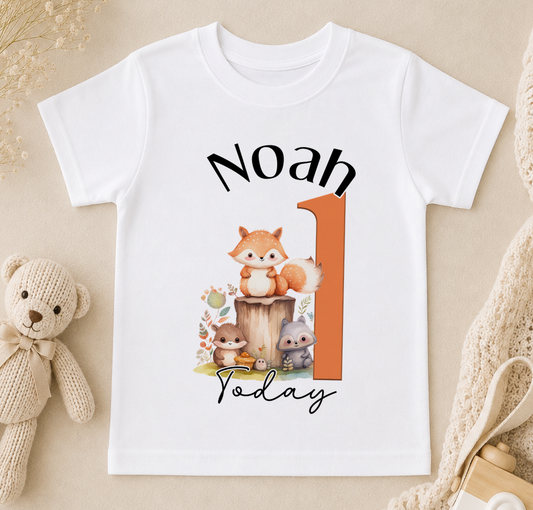 A white t-shirt with a graphic design featuring a cartoon squirrel and other woodland animals, along with the text "Noah Today".