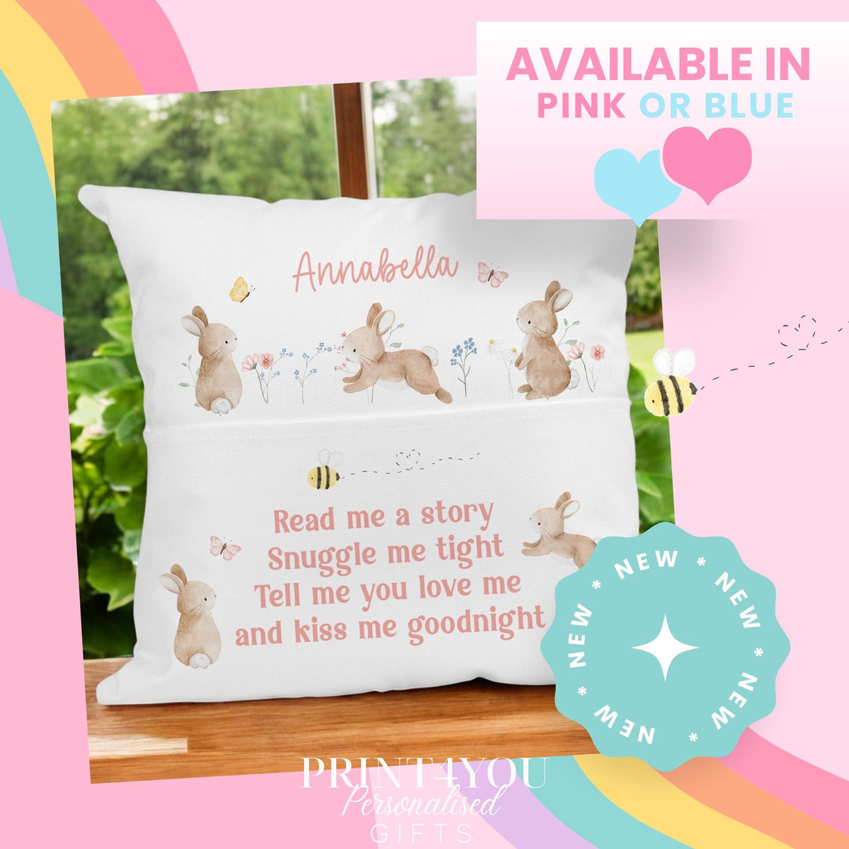 Close-up of the cute bunny design and bedtime rhyme on the book cushion