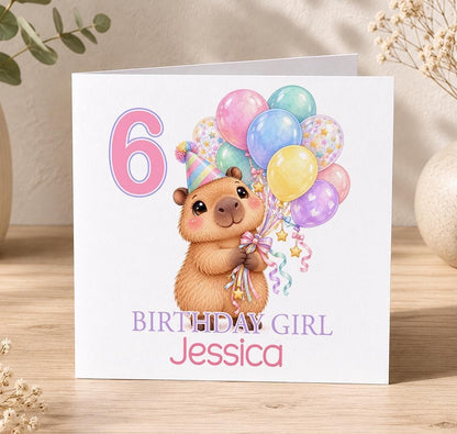 Personalised capybara birthday card – capybara holding pastel balloons with a pink 6, Birthday Girl Jessica