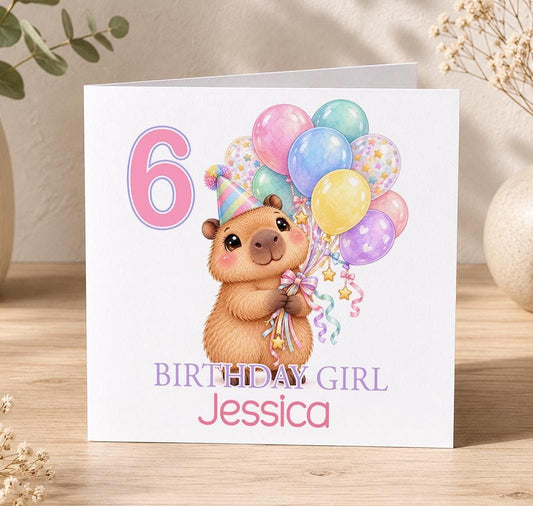 Personalised capybara birthday card – capybara holding pastel balloons with a pink 6, Birthday Girl Jessica