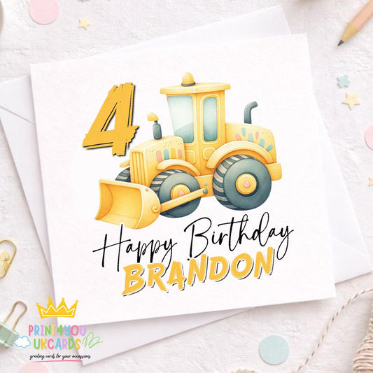 Square birthday card front featuring a cartoon yellow digger on a construction-site background, personalised with a child's name and age