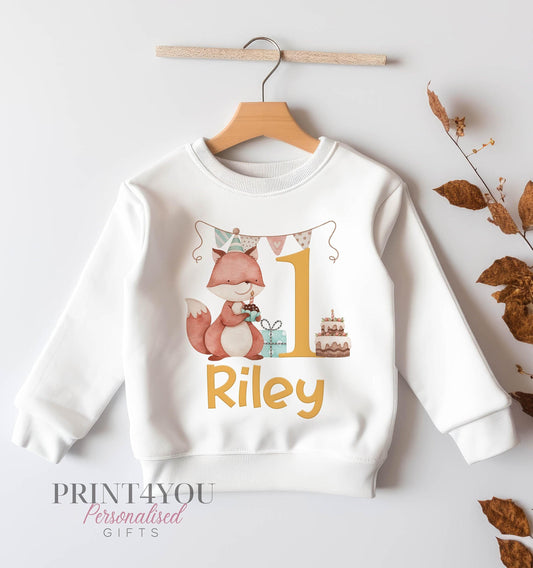 Personalised fox party birthday sweatshirt in white, front view, size 6-12 months