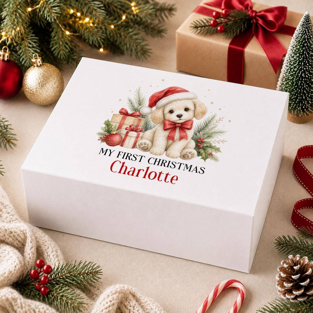 Personalised Baby First Christmas Box – Puppy in Santa Hat, Girl’s Keepsake