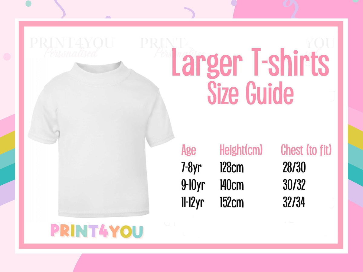 Print4You larger t-shirt size guide showing measurements for 7-8, 9-10 and 11-12 years