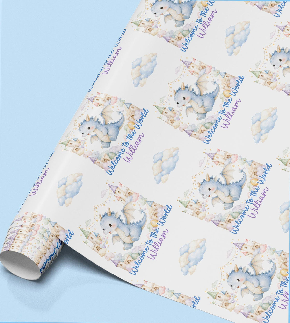 Roll of personalised blue dragon wrapping paper with clouds and 'Welcome to the World' text