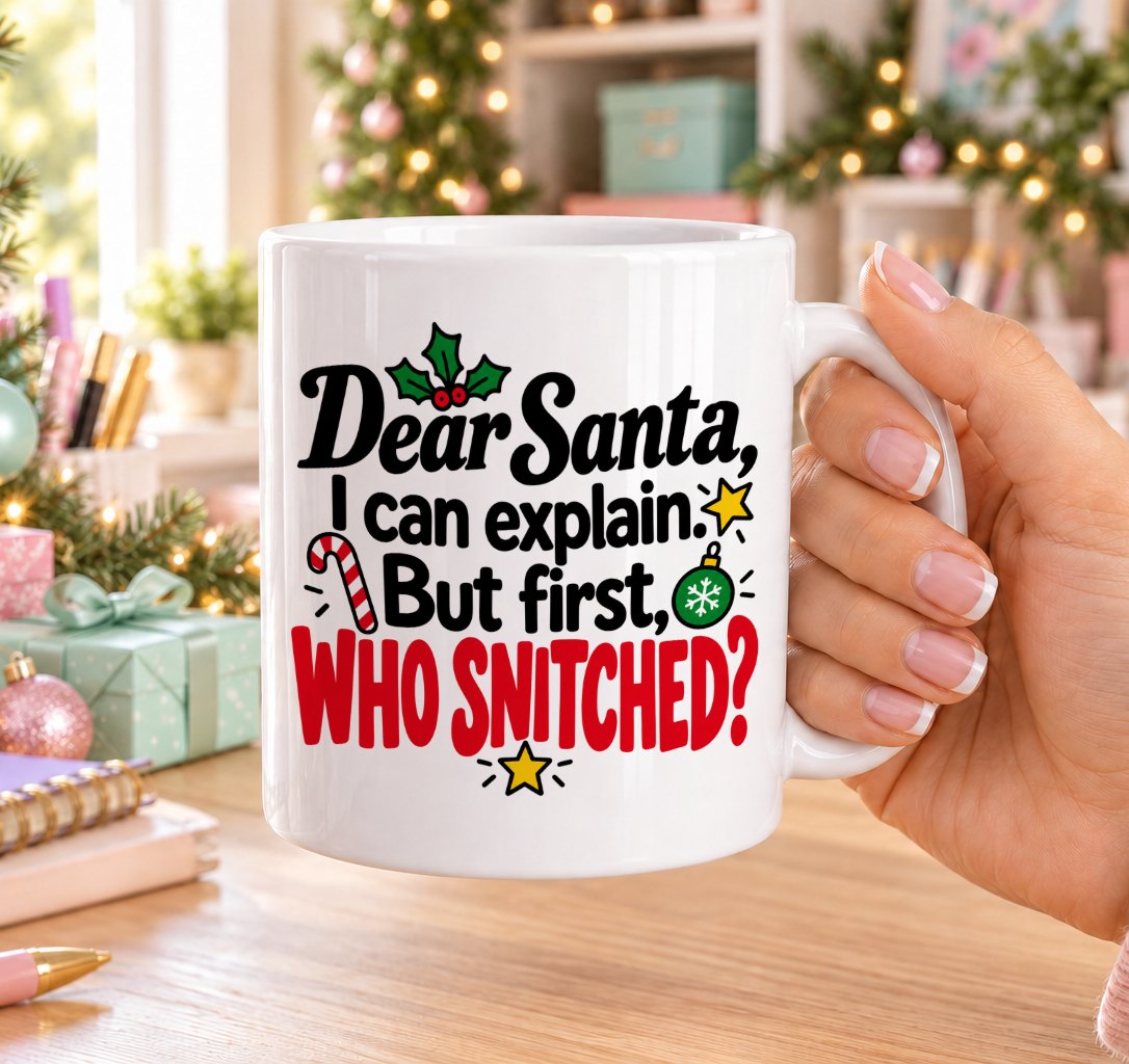 White 11oz ceramic Christmas mug printed with “Dear Santa, I can explain. But first, who snitched?” in black and red lettering with holly, a candy cane, a bauble and gold stars, held in a festive room