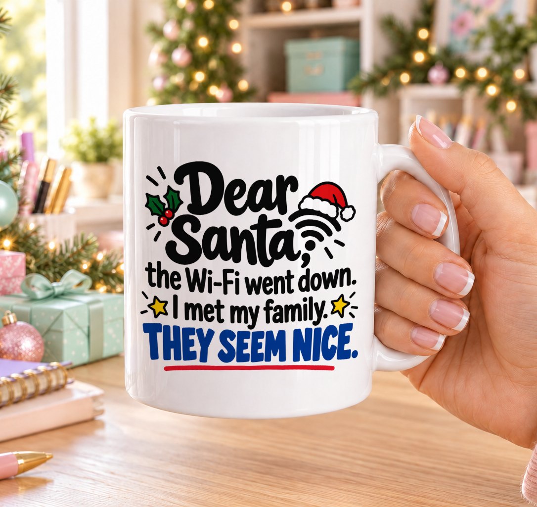 White 11oz ceramic Christmas mug printed with “Dear Santa, the Wi-Fi went down. I met my family. They seem nice.” in black and blue lettering with a Wi-Fi symbol, Santa hat, holly and gold stars, held in a festive room