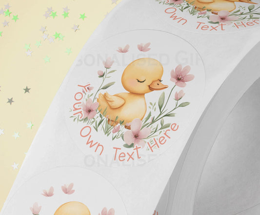 Personalised yellow duck stickers printed on strips of three, 5cm high gloss waterproof finish