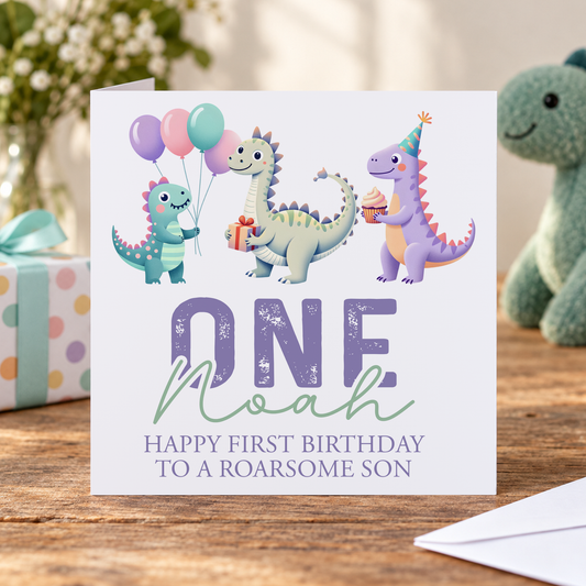 Dinosaur First Birthday Card – Personalised Roarsome Keepsake for Boys