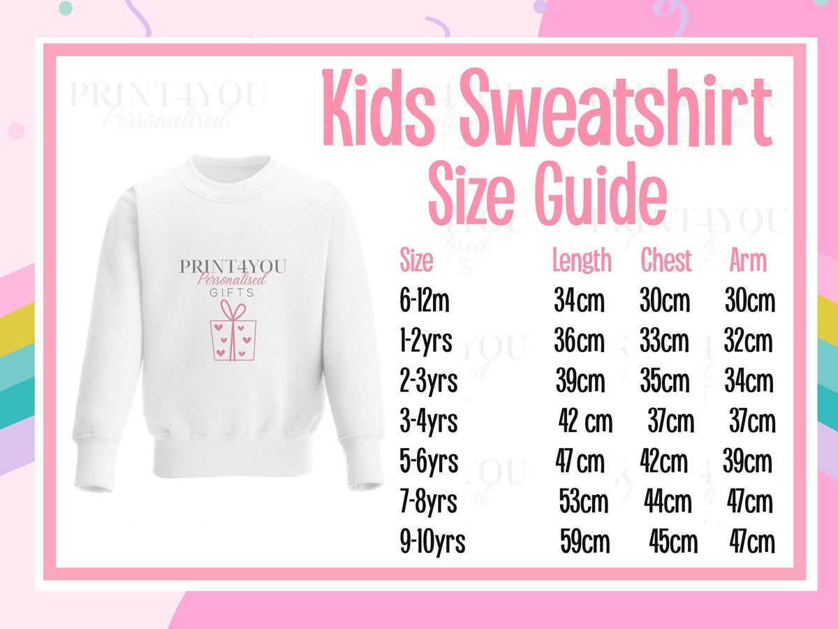 Print4You kids sweatshirt size guide with measurements by age