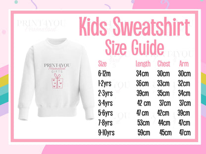 Print4You kids sweatshirt size guide with measurements by age