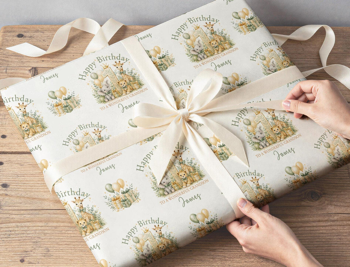 Safari Animal Wrapping Paper, Personalised Name, Boys 1st Birthday