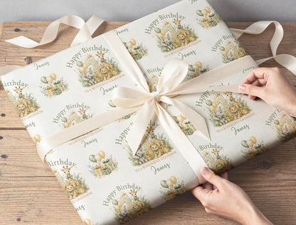 Safari Animal Wrapping Paper, Personalised Name, Boys 1st Birthday