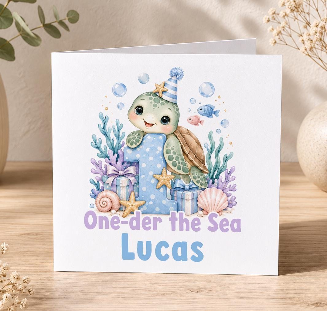 Personalised One-der the Sea 1st birthday card – baby turtle with a blue number 1, coral and shells, and the name Lucas