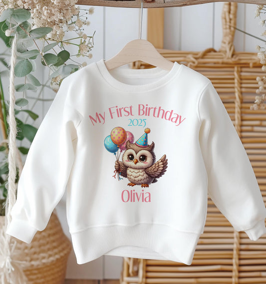 Personalised first birthday jumper with 'I am One' owl design and custom name print, soft cotton fleece sweatshirt, size 6-12 months