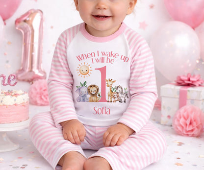 Personalised pink safari 1st birthday pyjamas with custom name print