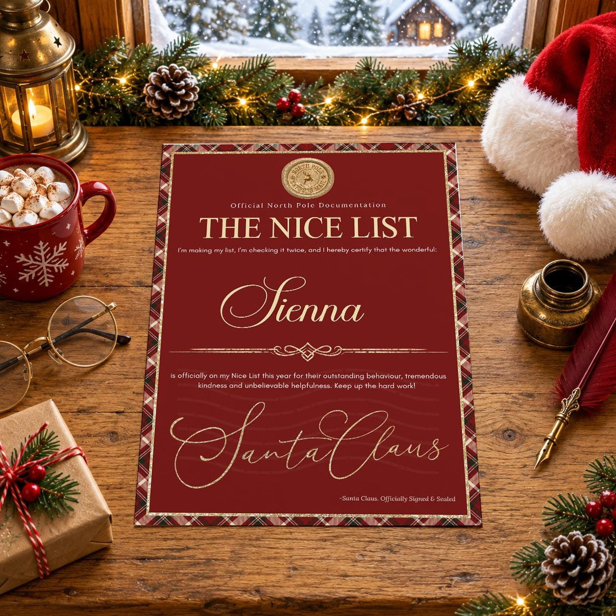 Personalised Santa Nice List certificate in rich red with a tartan border, gold seal and Santa Claus signature, shown on a festive table
