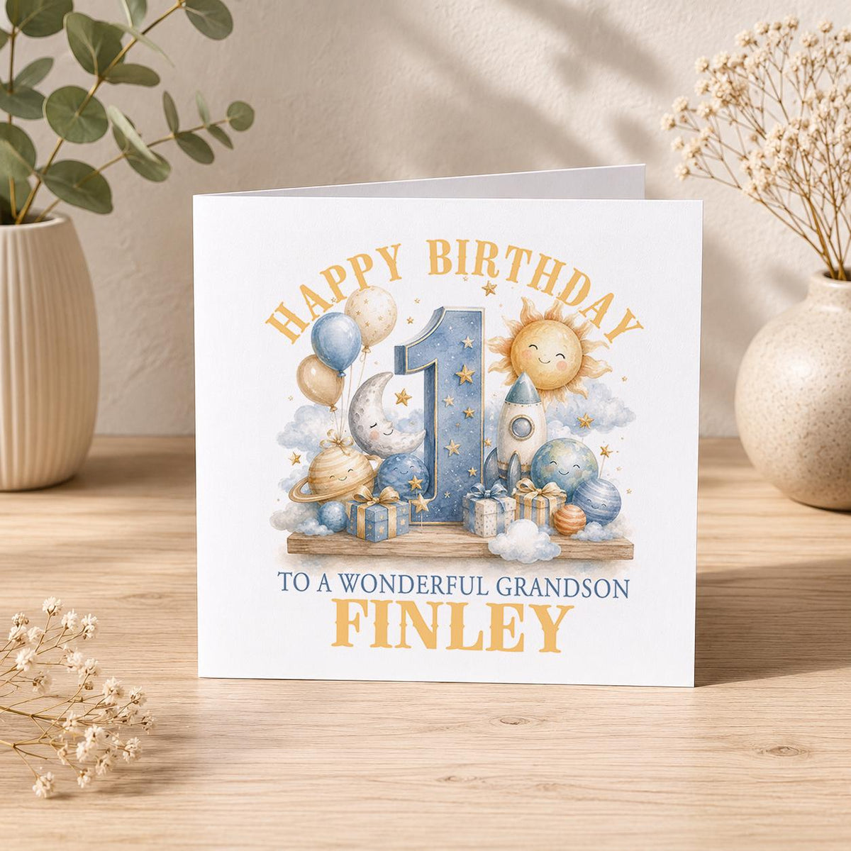 Personalised space 1st birthday card – blue and gold number 1 with sun, moon and planets, To a Wonderful Grandson Finley