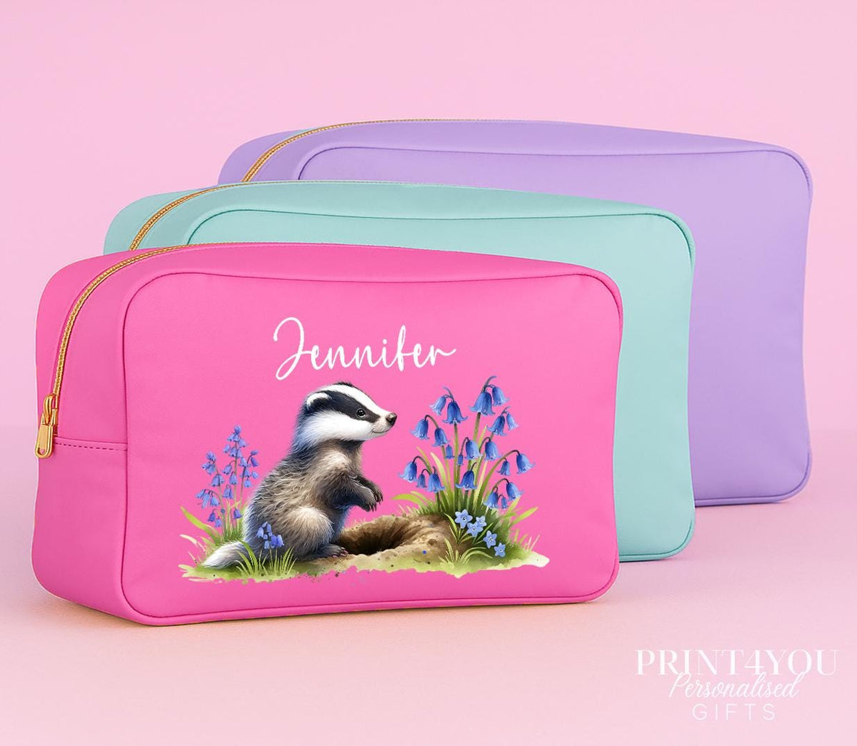 Personalised badger makeup bag shown in purple colourway